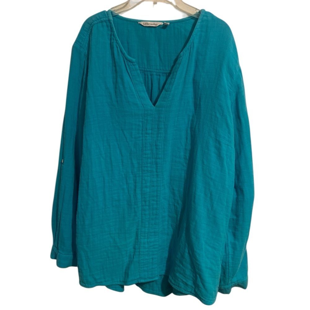Soft Surroundings Women’s Teal V-Neck Lagenlook Gauzy 100% Cotton Top 2X